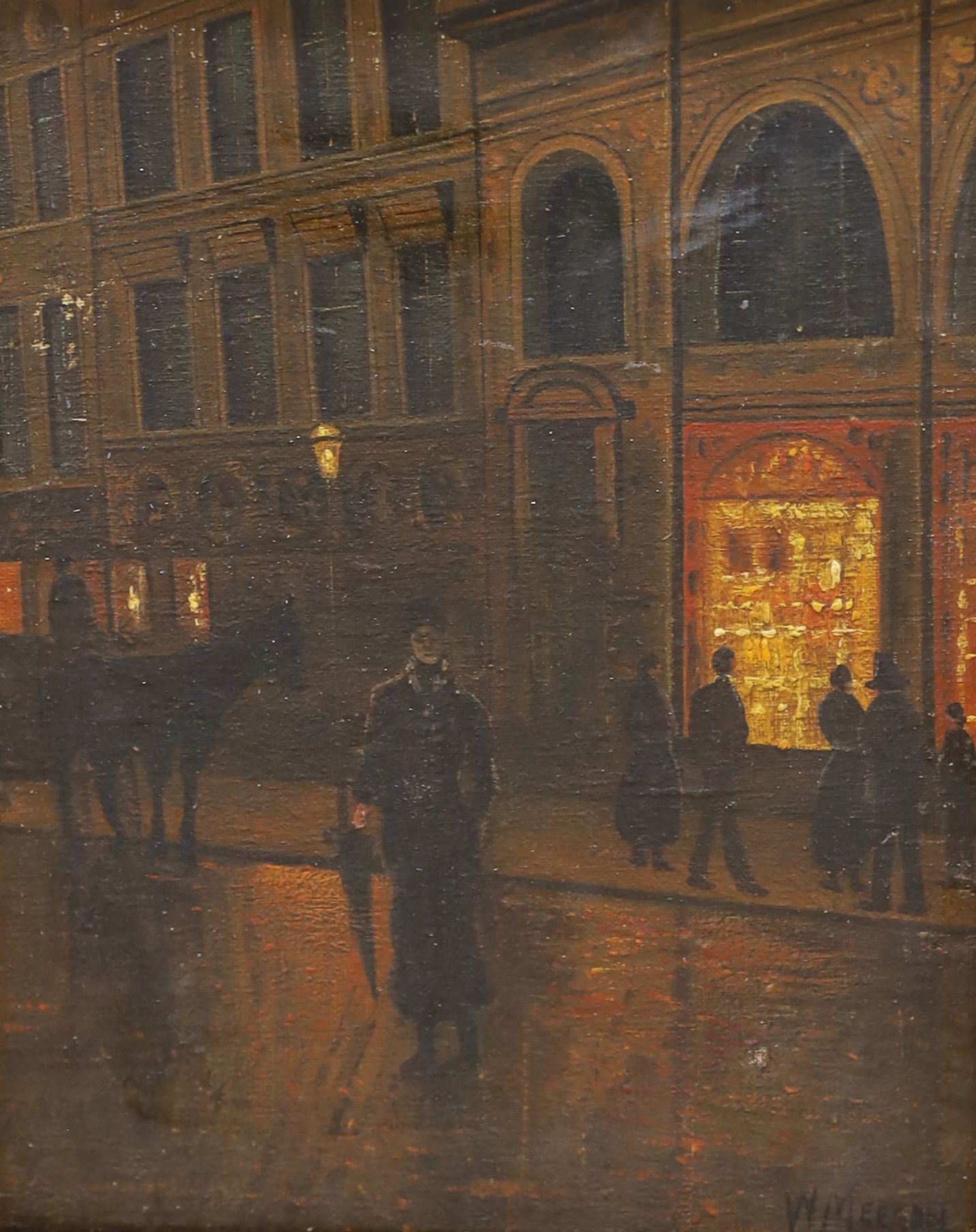 After Walter Meegan, Street scene at night, signed, 29 x 22cm